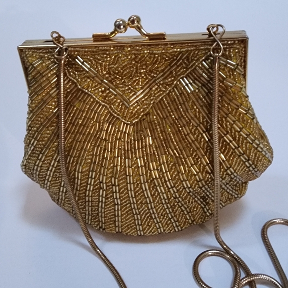 EVENING BAG 1970s HAND BEADED GOLD + CONVERTIBLE SHOULDER SNAKE CHAIN NWOT MINT - Picture 2 of 14